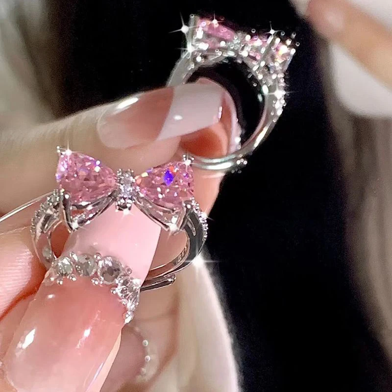 Lepe Princess Pink Obroč Nastavljiv Bowknot Obroč Sladko Ins Slog Diamantni Prstan Nakit Za Ženske, Rojstni Dan Darilo Dodatki