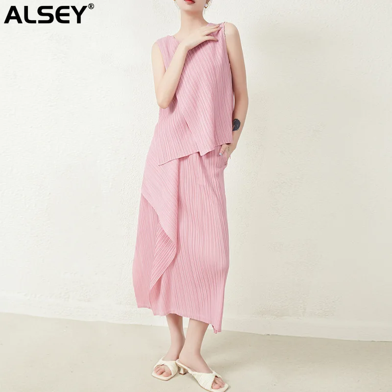 ALSEY Miyake Miyake Naguban Moda za Ženske je Poleti Visoko Split Design Elegantno Svoboden brez Rokavov Vrhovi Žensk Obleko Dveh Kosov Ženske
