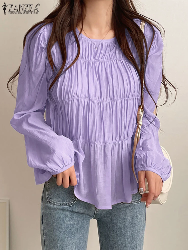 ZANZEA Priložnostne Naguban Bluze za Ženske okoli Vratu Nabiranje Vrhovi Barva Majice z Dolgimi Rokavi 2023 Poletje korejski Moda Y2K Tunika