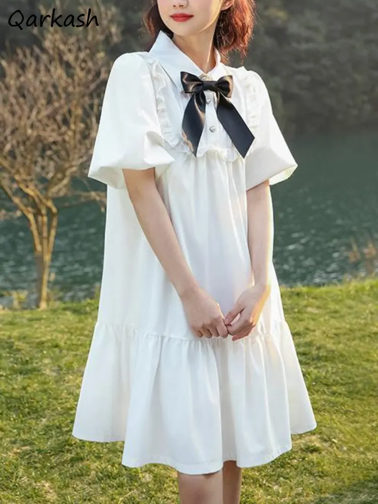 Mini Obleka za Ženske Lok Gube Sladko Poletje Študentov korejski Preppy Stil Modni Vestido Feminino Klasičnih Preprosto Trdno Priložnostne