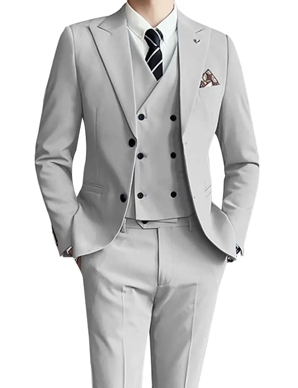 Temperament Moške Sivo Obleko Elegantno Boutique Poslovne Pogostitve Poročno Obleko beloprsi Singl Moški 3 Kos Set (Blazer+Hlače+Telovnik)