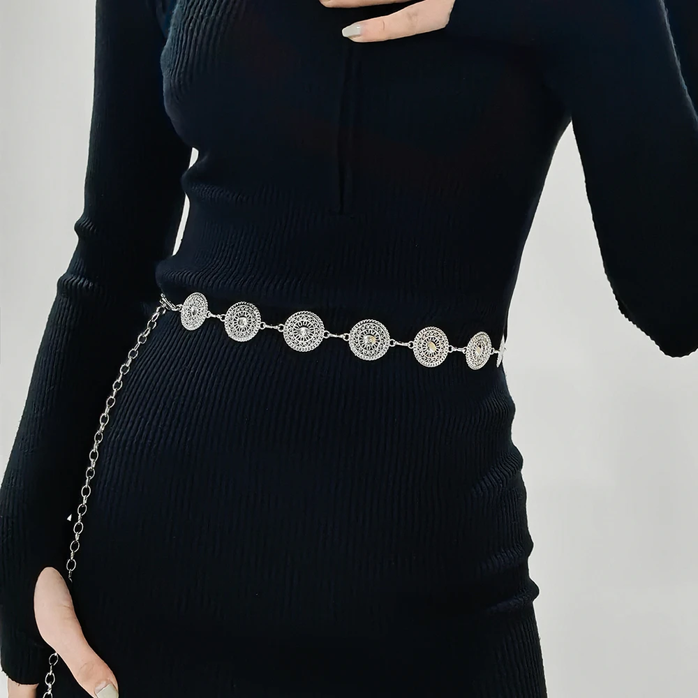 Preprost kovinski pas trim Y2K pasu verige ženske velika modna stolp z geometrijsko izrezanka kovinski disk obleko