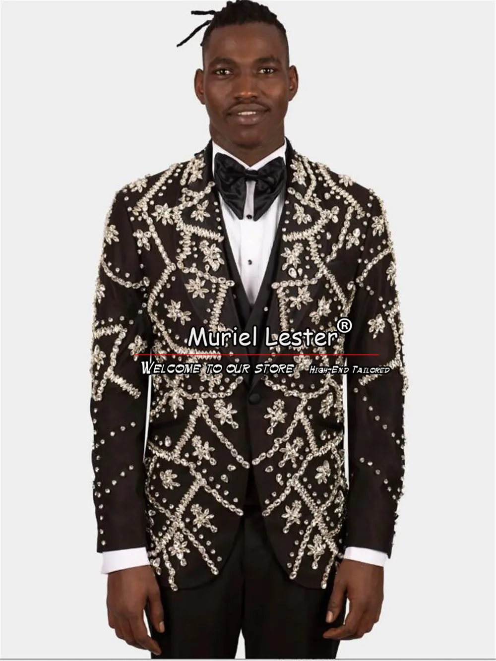 Črne Moške Black Crystal Jopičem Luksuzni Ročno Polno Beading Poroka Obleke Fit Slim Moški Modni Maturantski Stranka Banket Človek Obleko