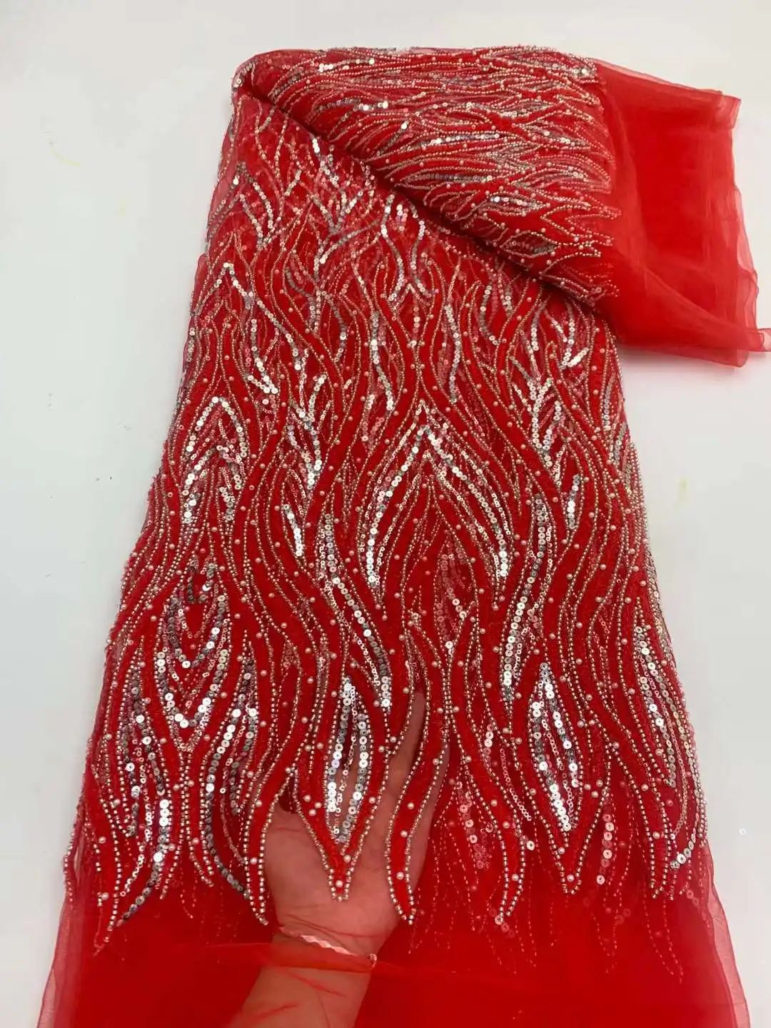 Rdeča Afriške Nigerijski Sequins Čipke Materiali, Til Z Beaded Poročno Obleko Za Ženske Šivanje Francoski Ženina Očesa Tkanine, Čipke Obleko