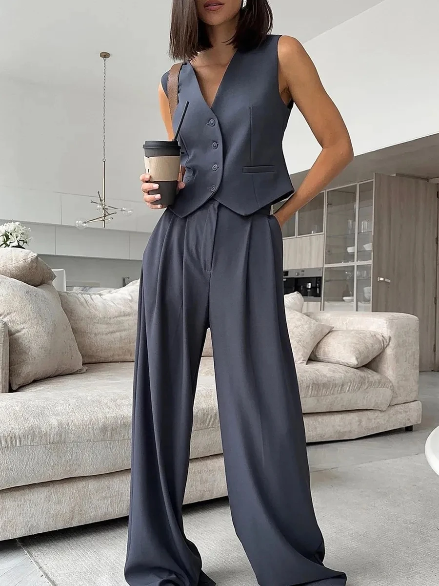 Moda Elegantno Sivo Urad 3 Kos Postavlja Ženske Telovnik Obleko Z Dolgimi Rokavi Jopič Plašč Z Visoko Pasu Hlače Komplet Ženske