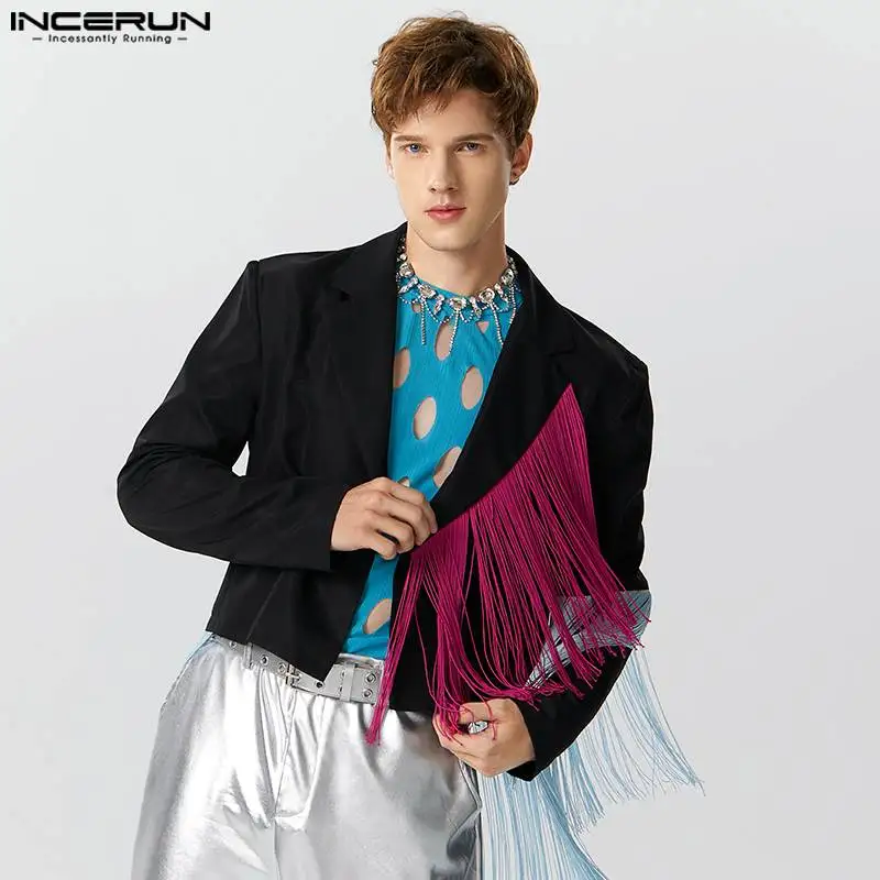 INCERUN Vrhovi 2023 Ameriški Stil Moda za Moške Pisane Tassel Mozaik Obleko Priložnostne Stranka Moški Trdno Dolgo Oplaščeni Jopič S-5XL