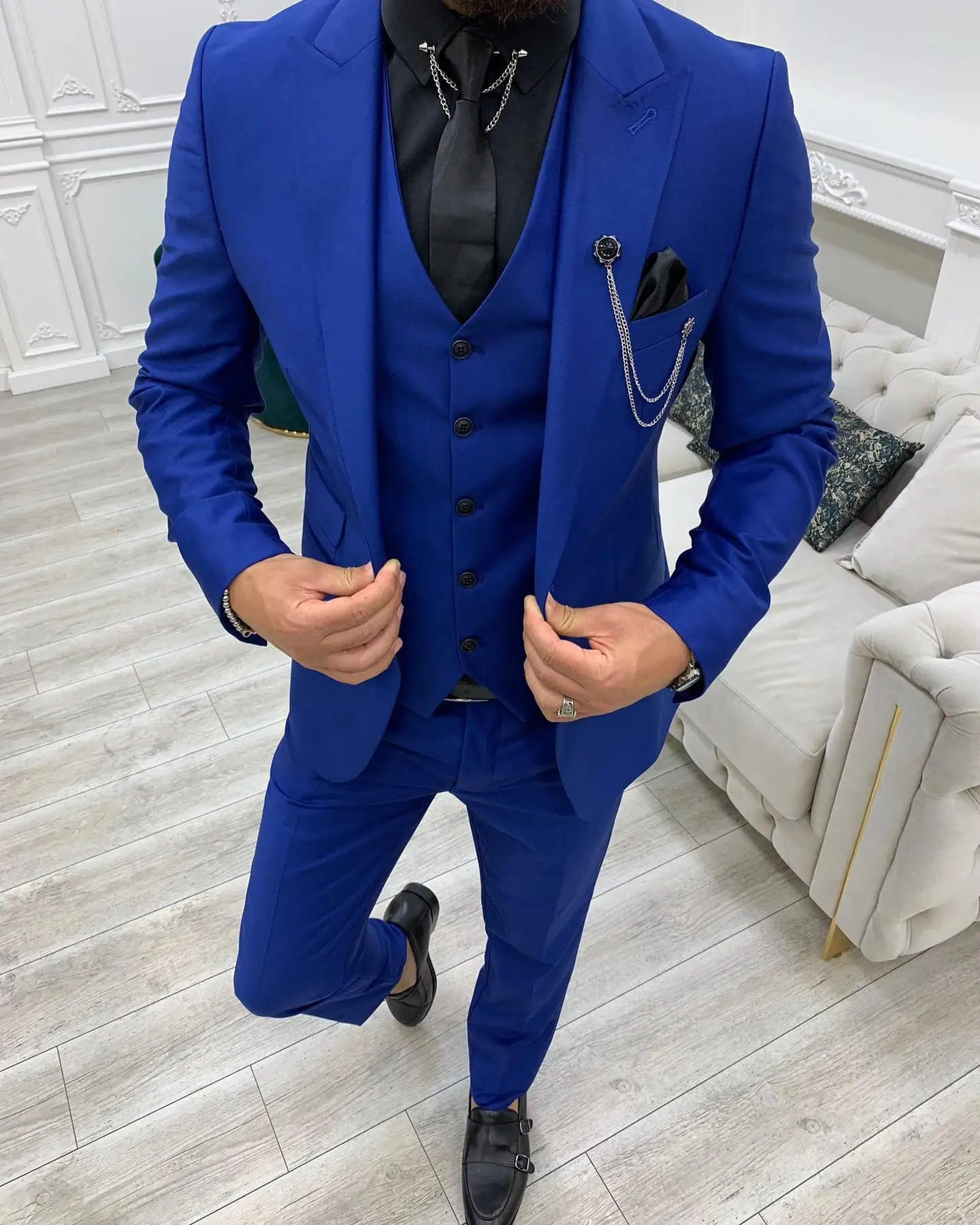 Nova Zasnova Slim Fit Moški Obleko Modra Vrha River Ženin Jopičem 3 Kos (Blazer+Hlače+Telovnik)Custom Made Poroka Za Moškega Obleko