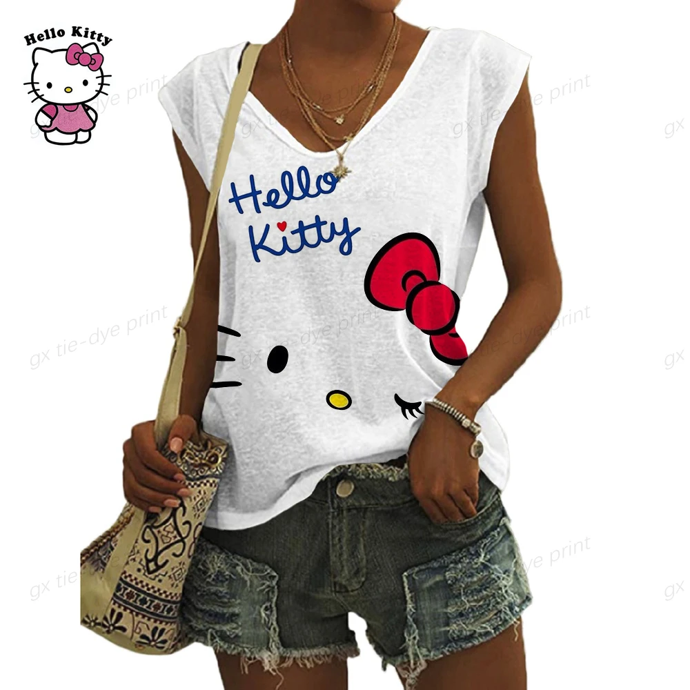 2023 Ženske T-shirt Moda Proti-vrat Poletje Tshirt Novo Hello Kitty Tiskanja Priložnostne Ženske Prevelik Retro Kratka sleeved Čar Tank