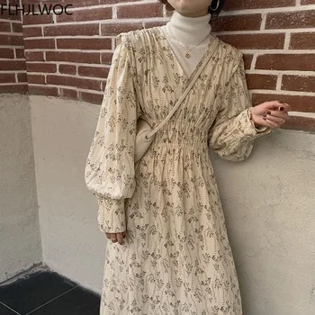 2021 Temperament Fenimine Vestidos Elegantna Koreja Design Ženske Linija Retro Vintage Cvjetnim Tiskanja Dolgo Obleko