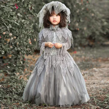 2023 Nova Halloween Cosplay Kostum Malo Lobanje Nevesta Lolita Čipke Šifon Vintage Obleko Luštna Otroci Fazi Kostum