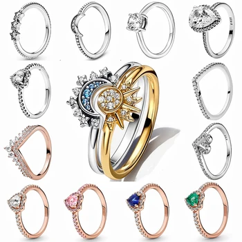 925 Sterling Silver Obroči Za Ženske Original Krono Srca Wishbone Posla Poroko Rose Zlata Crystal Ring Luksuzni Nakit