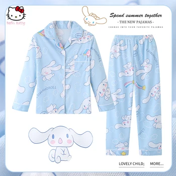 Anime Sanrioed Cinnamoroll Kuromi Hello Kitty Jopico Otroci Pižame Spomladi Dolgo Sleeved Risanka Srčkan Tiskanje Homewear Obleko