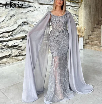 Biserno Siva Večerno Obleko Z Dolgimi Cape Rokav Kvadratnih Vratu Elegantno Arabski Svate Halje Za Ženske 2023 Slaven Obleke