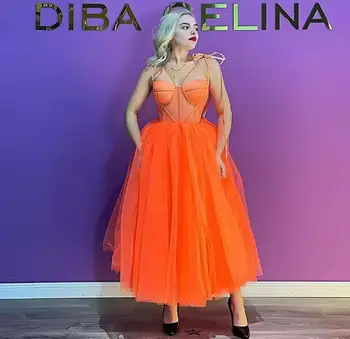 Elegantno A-Linijo Dolgo Til Oranžna Špagete Trakovi Večerne Obleke Čaj Dolžina Korzet Nazaj Naguban Formalno Stranko Obleko za Ženske