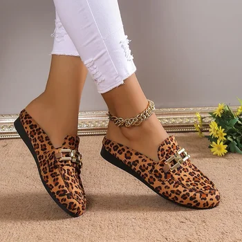 Jeseni Loafers Ženska Moda Leopard Tiskanja Copate Gospe Priložnostne Slip-on Ravno Čevlji Z Kovinske Verige