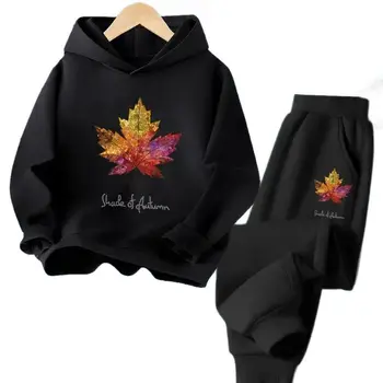 Jeseni Maple Leaf Natisnjeni Fantje Trenirko Pulover S Kapuco+Hlače Modni Pulover Nastavite Otroci Udoben Tek Oblačila