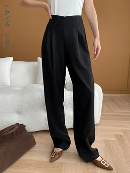 [LANMREM] Črna Visok Pas Širok Noge Hlače Za Ženske 2024 Pomlad Novo Naguban Design Urad Dama Hlače Ženska Moda 26D8191