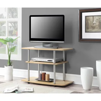 Lesena plošča TV-stojalo z jekleno stojalo za dnevno sobo, Light Oak