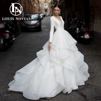 LOUIS NOVIAS Dolg Rokav Poročne Obleke Za Ženske 2024 Proti-Vrat Saten Poročne Obleke A-Line Stopenjski Ruffle Organza Vestidos De Novia