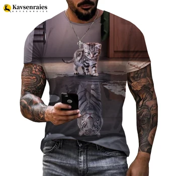 Moške Poletne Novo 3D Živali Cat /Tiger T Shirt Tiskanje Kul Smešno Vrhovi O Vratu Kratek Rokav Moda za Ženske 3D Natisnjeni T-majice 6XL