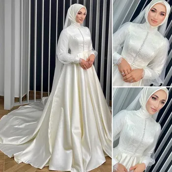 Muslimani Visoko Vratu Poročne Obleke Za Ženske Linije Čipke Poln Rokavi Poročne Nevesta Halje Saten Zamah Vlak Vestido De Noiva Gumb