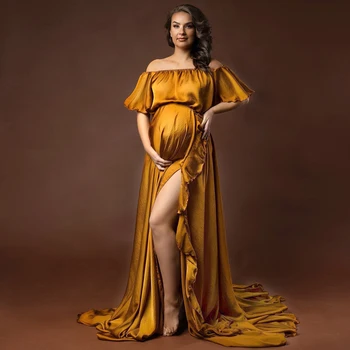 Porodniški Fotografija Obleke Off Ramenski Ogrlicom Saten Seersucker Split obleko Baby Tuš Obleko Fotografija Obleko Za Ženske