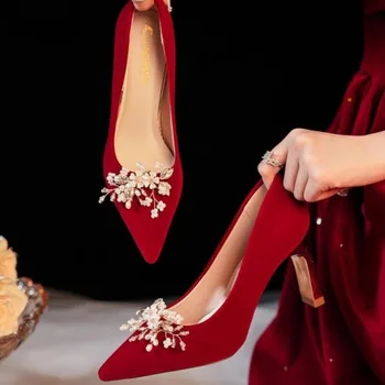 Poročni čevlji za Nevesto čevlji 2023 Jeseni Novo Žensk rdeče Visokih petah golih čevlji