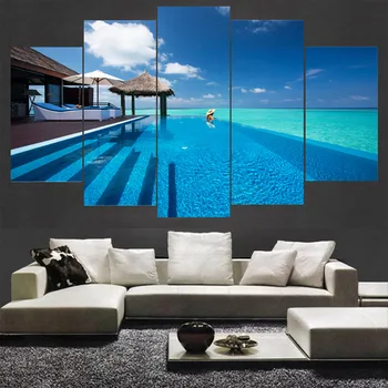 Sodobna Platno HD Natisnjen Plakat Okvir Doma Dekor Za Dnevni Sobi, 5 Kosov Maldivi Morje Modro Seascape Slikarstvo Wall Art Slike