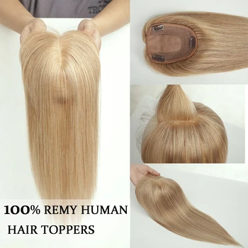 Toplo Blond 100% Remy Človeških Las Pokrivalo S Šiška za Ženske 14 Palčni Naravnost Človeških Las Kos Svile Znanja Posnetek v Topper Top Hair