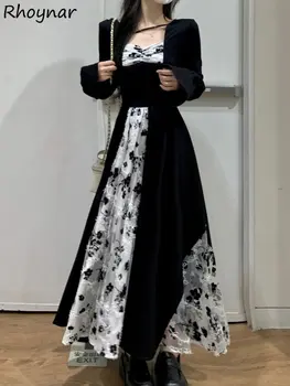 Črne Obleke, Ženske Ponaredek Dva Kosa Razrezana Cvetlični Kvadratnih Ovratnik Elegantno Kaliti Dekliško Korejski Moda Vintage Oblačila Vestidos